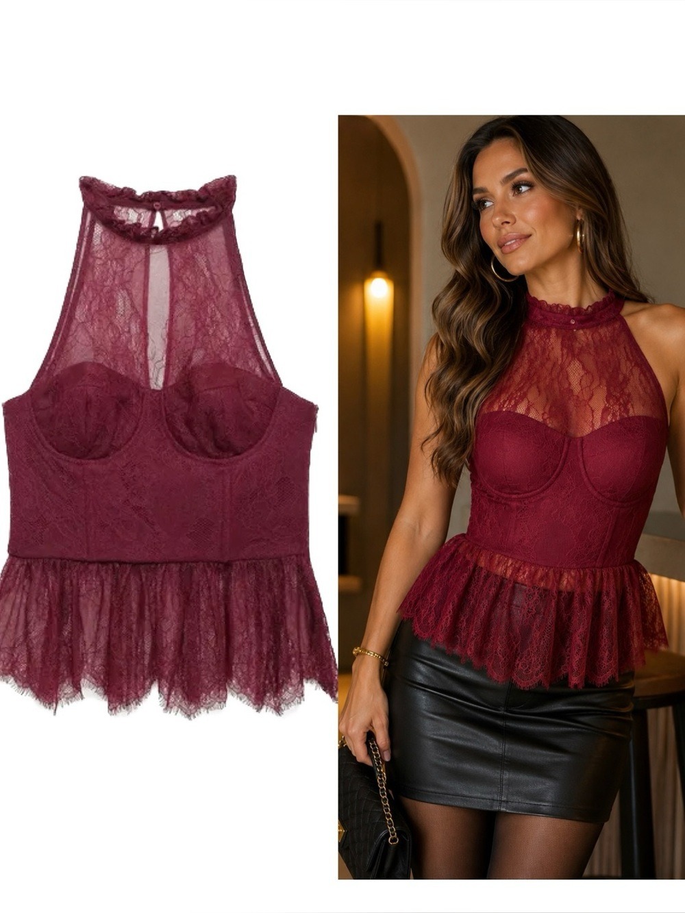 ZARA Burgundy Lace Halter Peplum Bustier Top Size M Romantic Evening Blouse NWOT